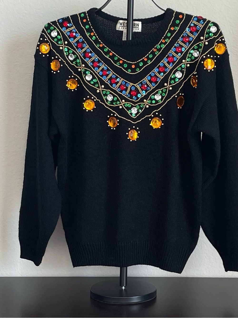 Vintage Western Connection Black Jewel-Embellished Crewneck Sweater Large